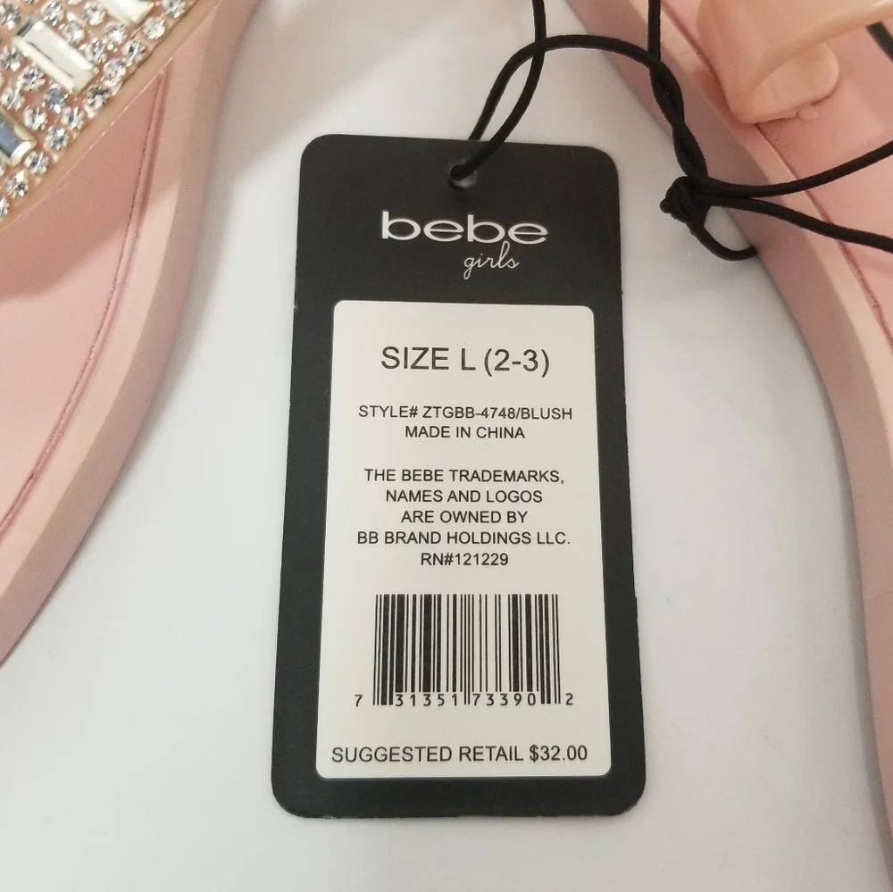 Bebe Girl's Blush T-Strap Slingback Sandals with Sparkly Rhinestones L 2-3